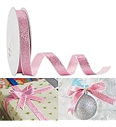HUIHUANG Pink Glitter Frosted Satin Ribbon Shiny Chunky Glitter Ribbon 5/8 inch x 25 Yards Christ...
