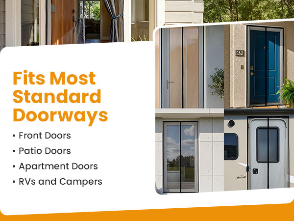 Gray magnetic screen door fits standard front, patio, apartment, and RV doors. Fits most sizes.