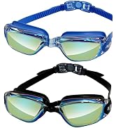 Yoocixu Swimming Goggles with Nose Clip and Ear Plugs, Anti-Fog Mirrored Lenses, Blue and Black