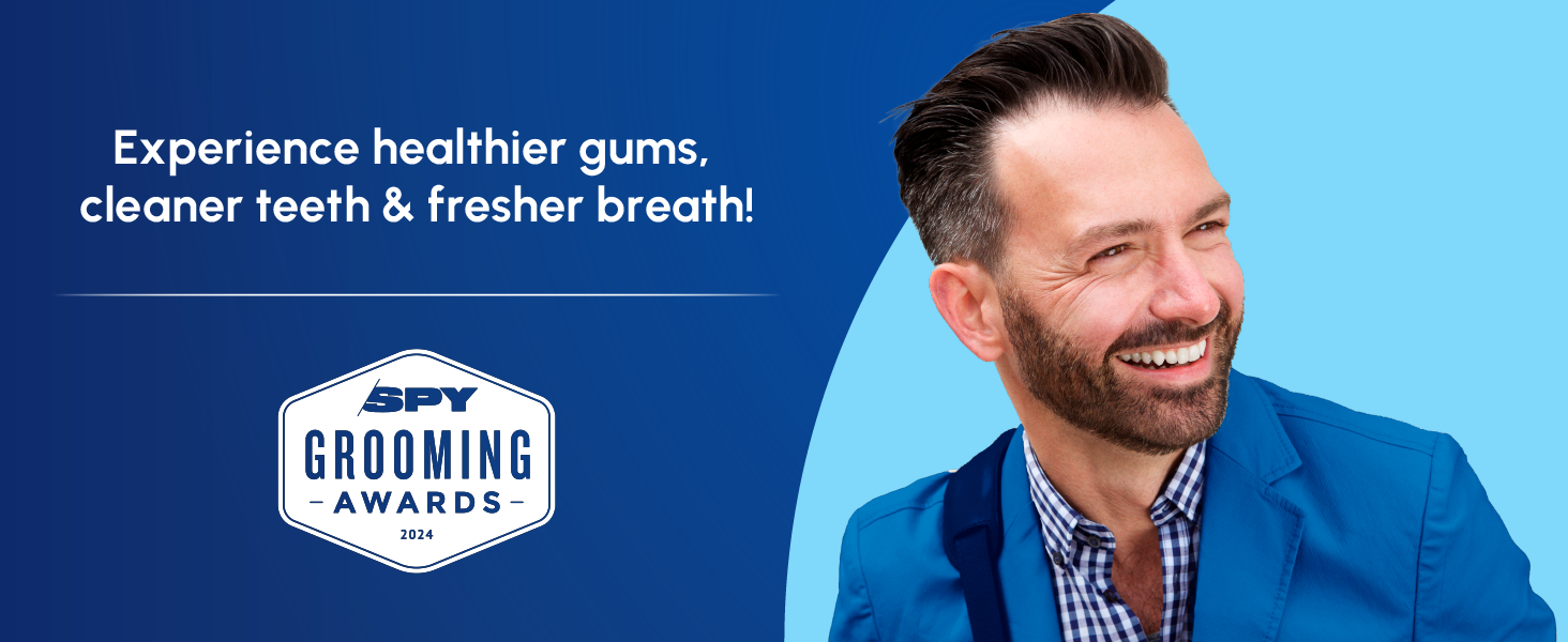 Image of smiling man with text reading experience healthier gums cleaner teeth and fresher breath.