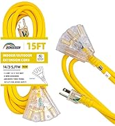 HONDERSON 15FT Lighted Outdoor Extension Cord with 3 Power Outlets,14/3 SJTW Heavy Duty Yellow Ex...