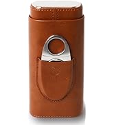 Mantello Cigars Premium 3- Finger Brown Leather Cigar Case Travel, Cedar Wood Lined Cigar Humidor...