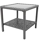 Helios&Hestia Square All Weather Rattan Wicker Outdoor Coffee Side End Table with Glass Top for P...