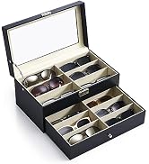 CO-Z Black PU Leather Sunglasses Organizer with 12 Slots, 2 Story, Lockable & Dustproof, Transpar...