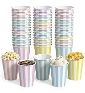 WRXVVTSV 60 Pack 9oz Pastel Striped Paper Cups, 5 Colors (Pink, Blue, Yellow, Purple, Green), Dis...