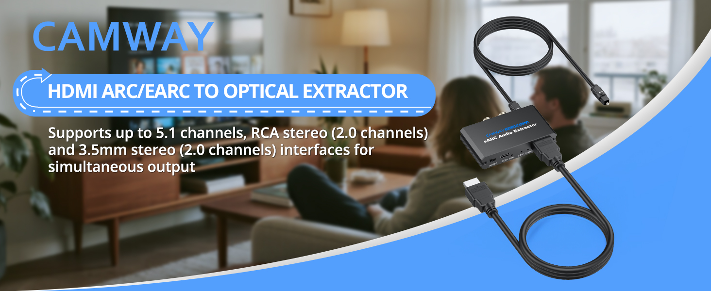 Text reads: 'CAMWAY HDMI ARC/EARC TO OPTICAL EXTRACTOR'. Black audio/video cable device shown against blurred background with visible cable connection.