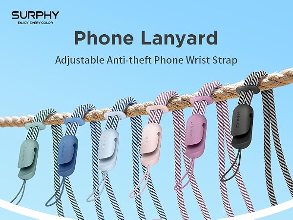 Text reads 'SURFSKY Phone Lanyard Adjustable Anti-theft Phone Wrist Strap'. Product display showing multiple colorful phone wrist straps arranged horizontally against blue background.