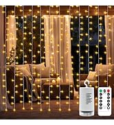 Battery Operated Curtain Lights,9.8ft×9.8ft 300 LED Curtain Lights with Remote Timer 8 Modes, Wat...