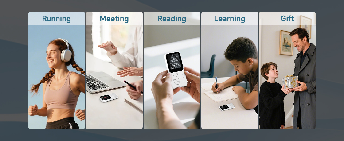 Text reads 'Running Meeting Reading Learning Call'. Five-panel image showing different activities with electronic devices and exercise equipment.