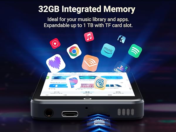 Text reads '32GB Integrated Memory' and 'Expandable up to 1 TB with TF card slot'. Electronic device interface showing app icons and storage capacity information.