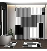 Tayney Grey Geometric Shower Curtain Set with Toilet Lid Cover and Non-Slip Rugs for Bathroom, Bl...