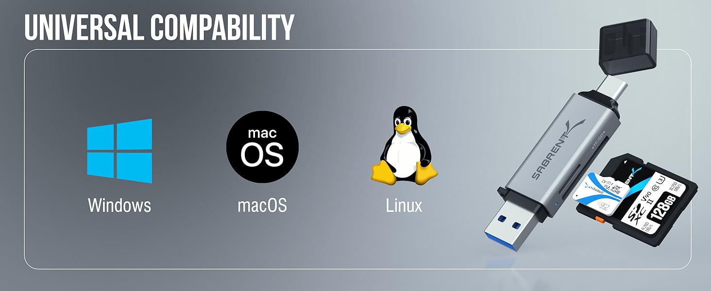 Text reads 'UNIVERSAL COMPABILITY'. Shows operating system icons for Windows, macOS, and Linux with USB device illustration.