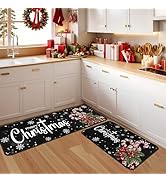 Merry Christmas Snowflake Black Kitchen Rugs Set of 2, Winter Home Decor Low-Profile Floor Mat De...