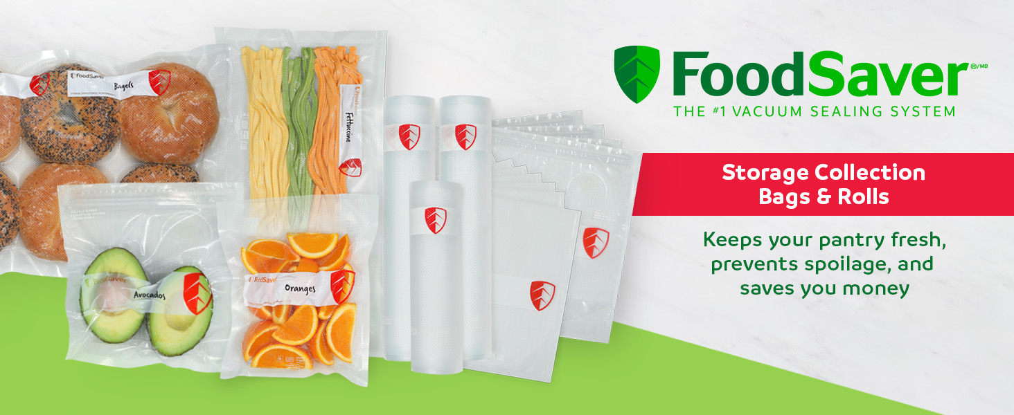 FoodSaver storage bags and rolls with assorted food items
