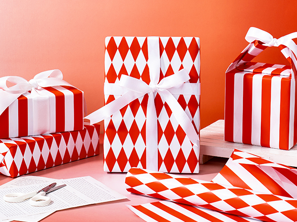 white and red Stripes and Diamond Pattern Reversible Wrapping Paper