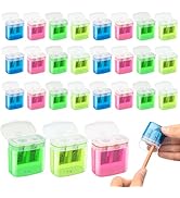 JEFURE 24Pcs 2 Holes Small Manual Pencil Sharpener with Lid, Colored Handheld Dual Hole Pencil Sh...