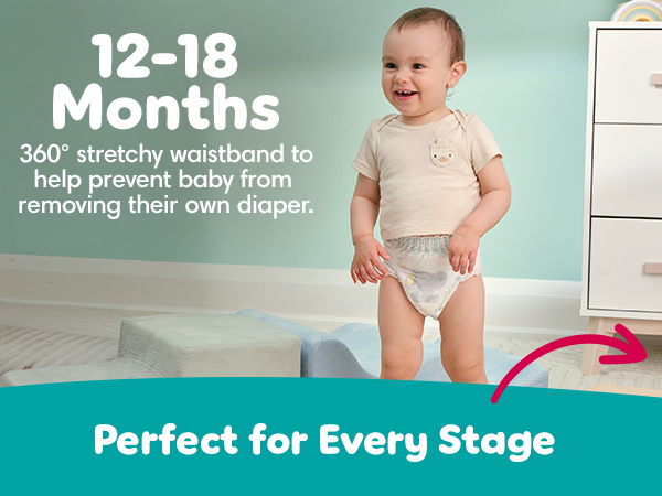 12-18 months, 360 degree stretchy waistband to help prevent baby from removing their own diaper.