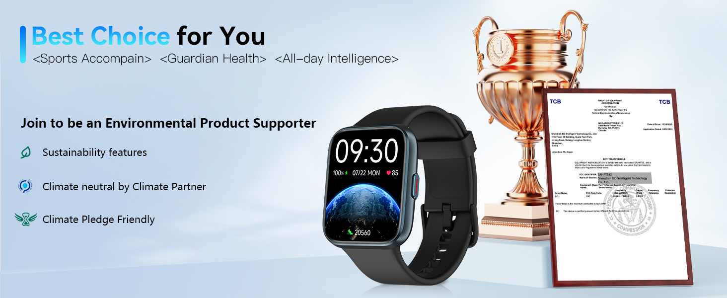 Text reads 'Best Choice for You'. Marketing image showing smartwatch with time display '09:30' alongside product feature illustrations and specifications.