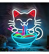 Fortune Cat Ramen Neon Sign, Flowing Color Changing Ramen Neon Sign, Japanese Lucky Cat Eat Noodl...