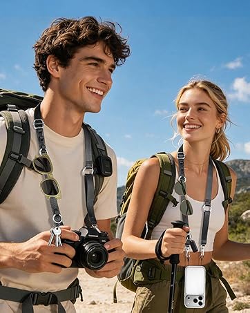 Two hikers wearing backpacks stand on mountain trail with scenic landscape of rocky terrain and mountains visible under blue sky with clouds in background.