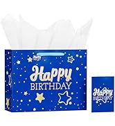 Medium 13’ Blue Birthday Gift Bag with Tissue Paper and Greeting Card - Ideal for Men and Women’s...