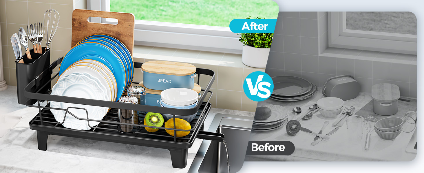Text reads 'After' and 'Before' with 'VS' comparison symbol. Split-screen demonstrating same black dish rack with blue accents organizing kitchen items (After) versus disorganized countertop space (Before).