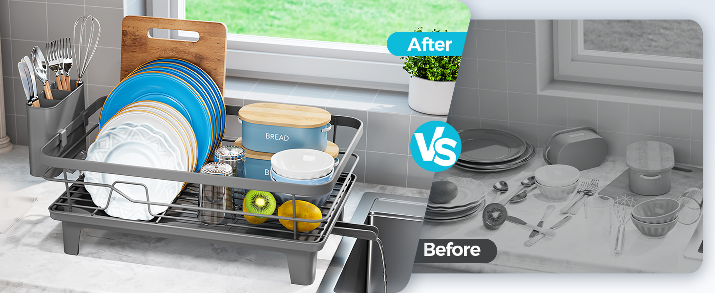 Text reads 'After' and 'Before'. Dish drying rack with blue and stainless steel construction holds plates, bowls, and utensils. Countertop organizer with compartments for kitchen storage and drainage system.
