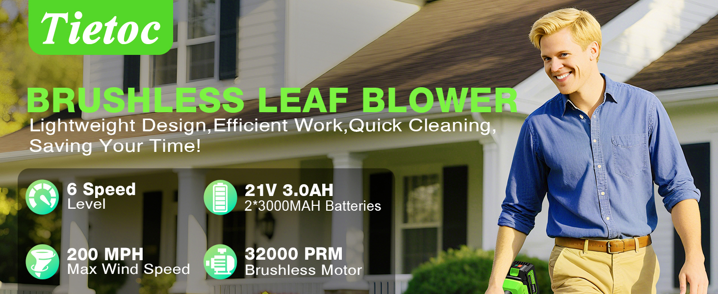 Tietoc Leaf Blower Cordless, 735CFM/200MPH Brushless Electric Leaf Blower