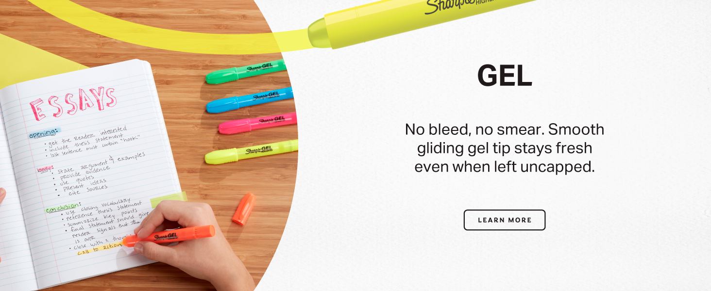 sharpie gel highlighter uncap no bleed smear dry cap easy mess free school home office study class