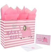 13" Large Pink Gift Bag Set with Greeting Card and Tissue Paper(Elephant and Baby Girl Design) fo...