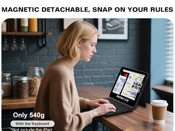 Text reads 'MAGNETIC DETACHABLE, SNAP ON YOUR RULES' and 'Only 640g'. Person using laptop with drink on desk in modern workspace with dark brick wall background.