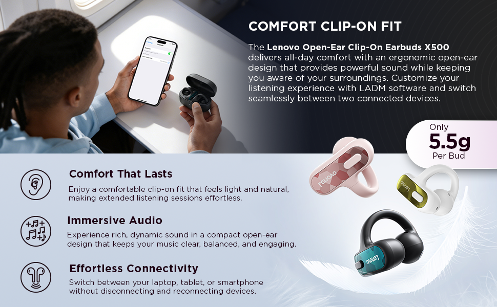 Comfor clip-on fit - Lenovo Open-Ear Clip-on Earbuds X500