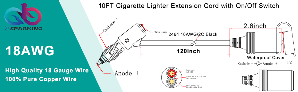 12volt DC Cigarette Lighter Extension Cord with On Off Switch