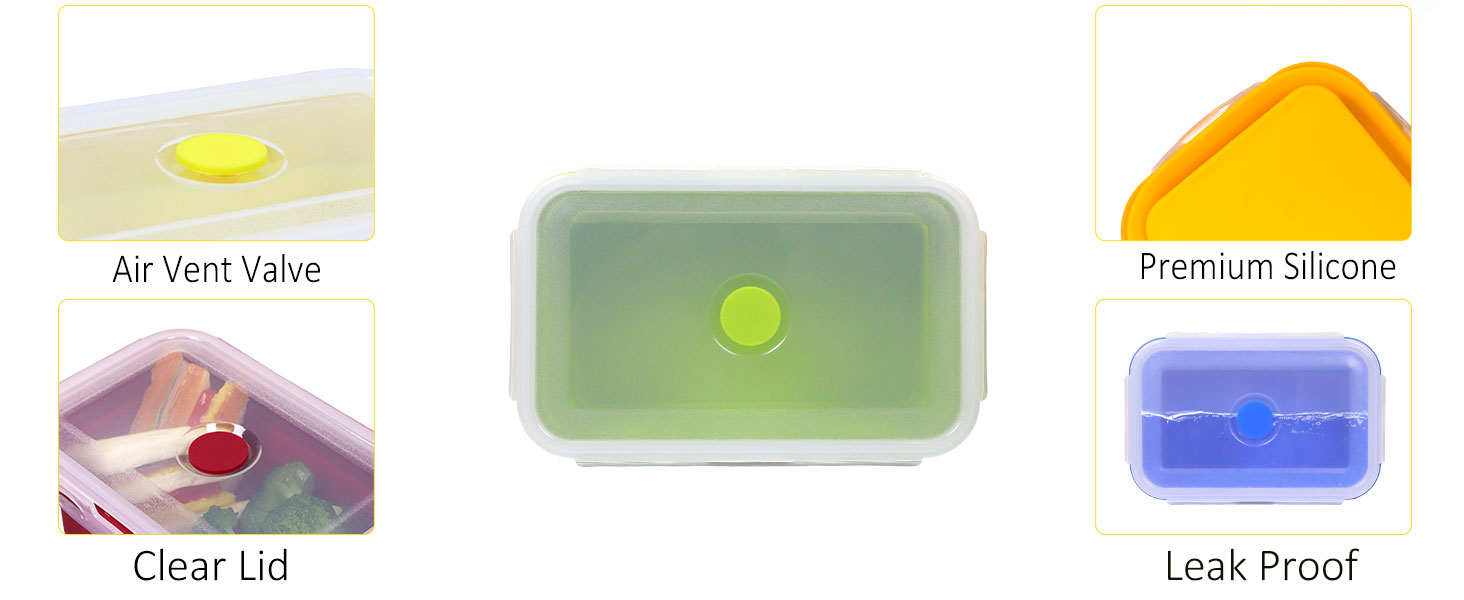 Collapsible Silicone Food Storage Containers with Leak-Resistant Lids