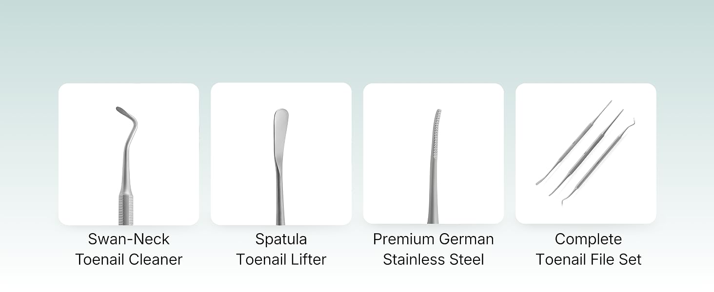 Text reads "Swan-Neck Tonsil Cleaner", "Spatula", "Tonsil Lifter", "Premium German Stainless Steel", "Complete Tonsil Pic Set". Four dental instruments displayed: curved hook, flat spatula, pointed lifter, and three needle picks.