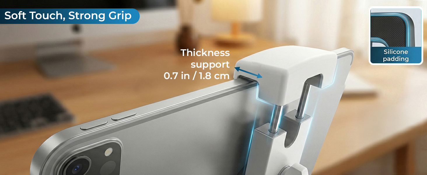 Tablet holder with strong grip, silicone padding, and adjustable support for iPad desk mount.