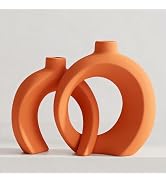 Set of 2 Orange Ceramic Vases for Home Decor Accents - Unique Hollow Donut Artistic Design Mid-Ce...
