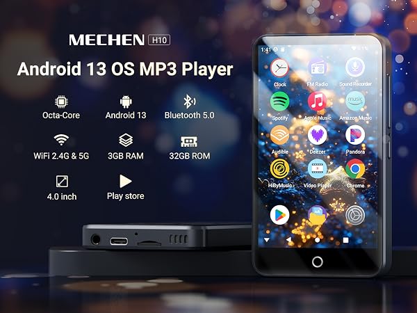 Text reads 'Android 13 OS MP3 Player', 'METHEN'. Shows interface of digital music player with dark theme displaying various controls and menu options.