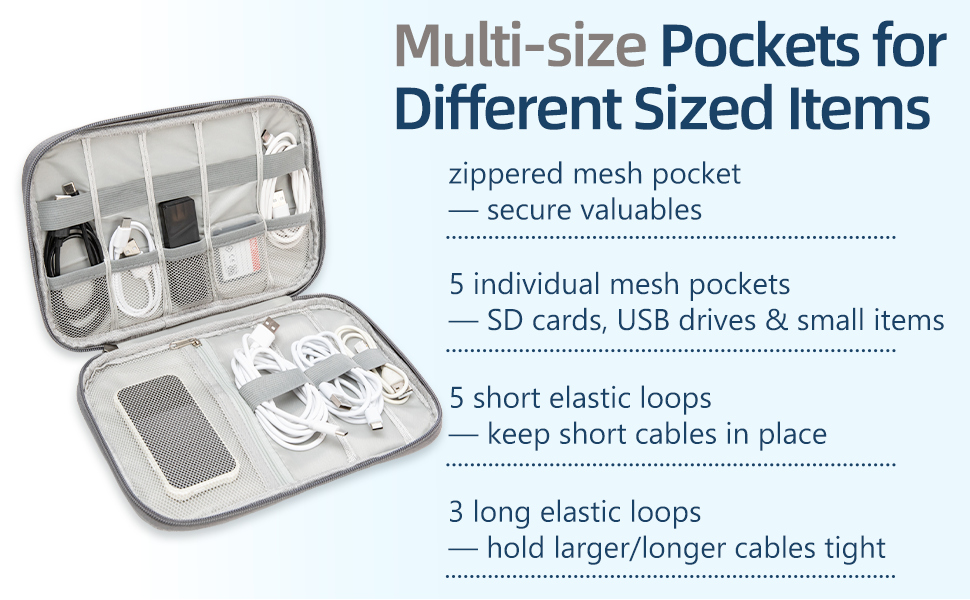 Multi size pockets for different sized items including SD cards USB drives and laptop cables
