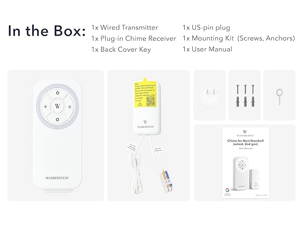 1x Wireless Chime Receiver 1x Wired Transmitter for Nest Doorbell 1x AC Power Adapter and Cable