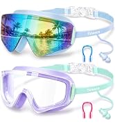 Vvinca 2 Pack Kids Swim Goggles with Attached Earplugs & Nose Clip, Frameless Anti-Fog Wide View ...