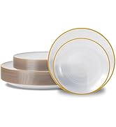 N9R 60PCS White Plastic Plates with Gold Rim, Elegant Disposable Plates, Circular Ribbed Design, ...