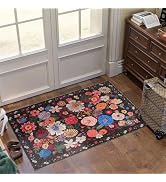 Black Floral Rug for Entryway, 2x3 Washable Kitchen Mat Ultra-Thin Soft, Non-Slip Indoor Door Car...