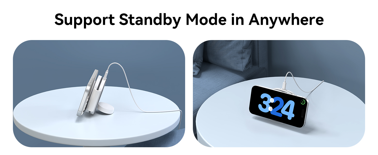 Text reads: 'Support Standby Mode in Anywhere'. Product demonstration showing white circular device with digital display in various usage scenarios.