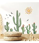 Supzone Boho Cactus Wall Stickers Tropical Cacti Green Plants with Sun and Birds Wall Decals Crea...