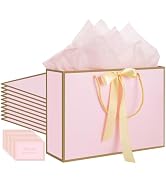 woric 10 Pcs Pink Gift Bags with Handles, 14" x10”x4.5” Medium Pink Bags with 20 Tissue Paper & 1...