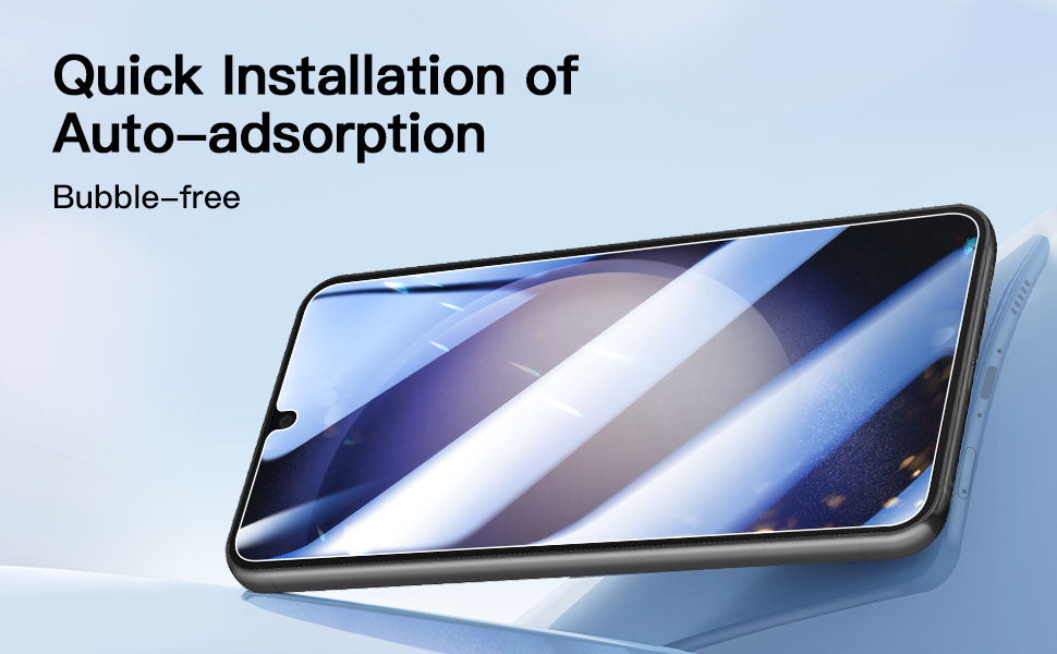 Smartphone with glossy screen displaying diagonal stripes. Text above indicates quick, bubble-free auto-adsorption screen protector installation.