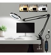 Honagu 5X Magnifying Glass with Light and Clamp, Adjustable LED Desk Lamp, 3 Color Modes Lighted,...