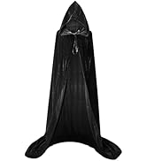 CPCOIN Halloween Black Hooded Velvet Cape Wizard Long Length Cloak Satin Halloween Cosplay Witch ...