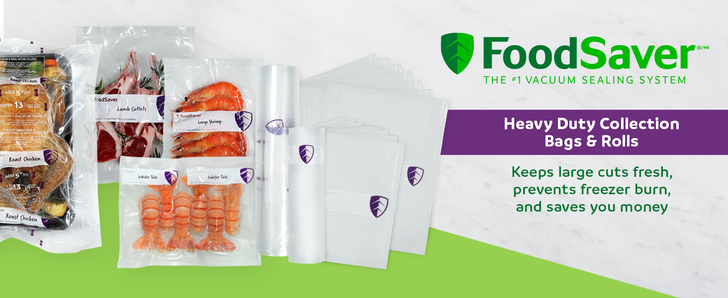 Various vacuum-sealed food bags with meats and seafood